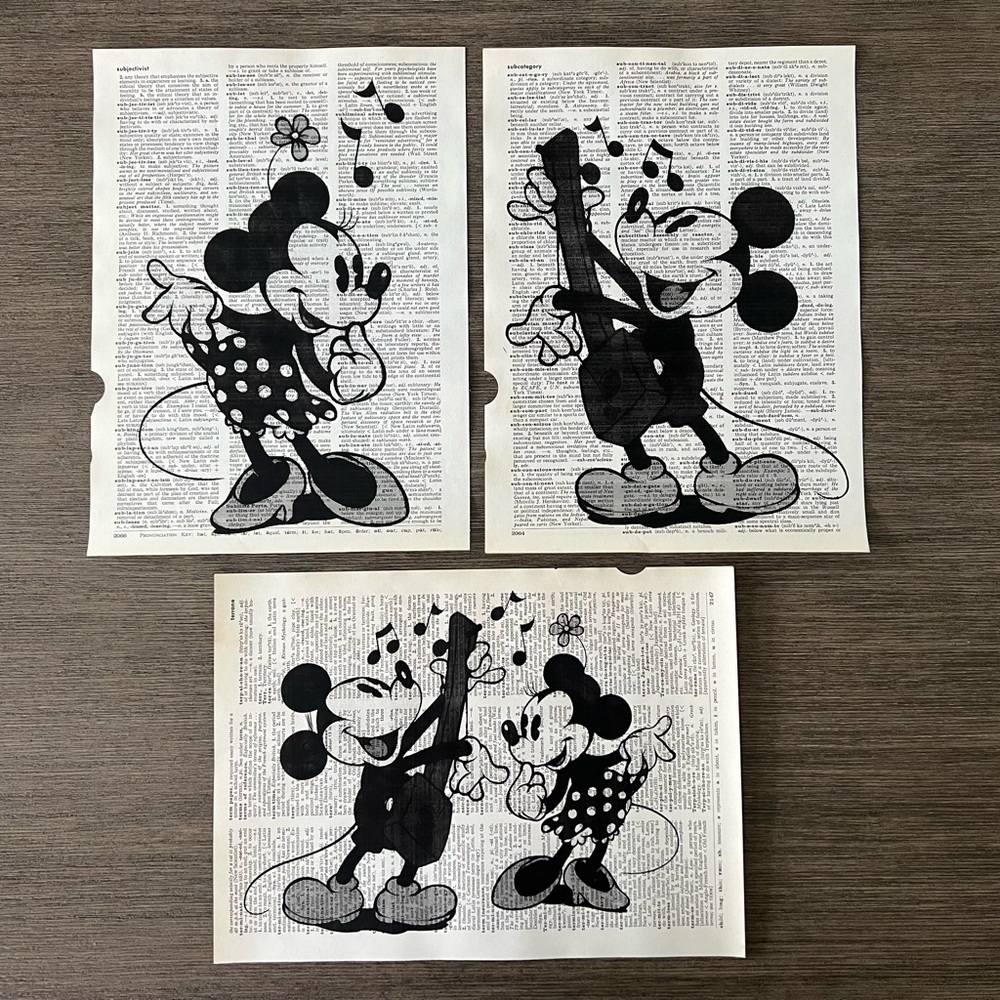 Disney Mickey and Minnie Mouse Themed Dictionary Prints - Set of 3